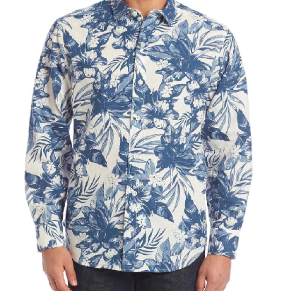 Paradise Collection Men's Long Sleeve Button Down Printed Linen Shirt Navy